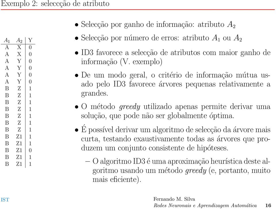 exemplo) De um modo geral, o critério de informação mútua usado pelo ID3 favorece árvores pequenas relativamente a grandes.