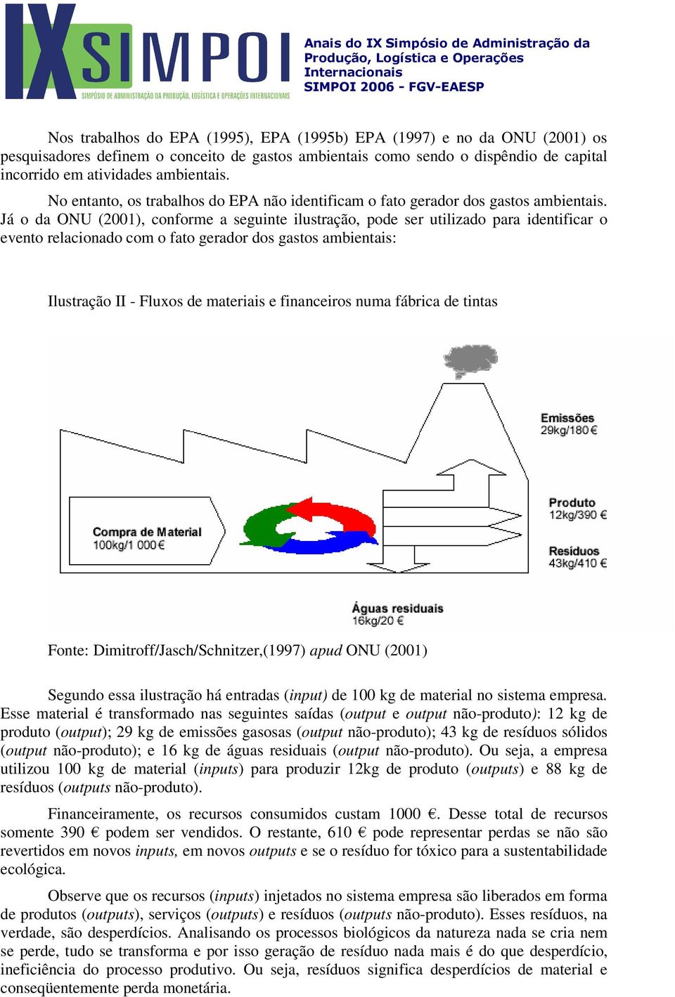 Já o da ONU (2001), conforme a seguinte ilustração, pode ser utilizado para identificar o evento relacionado com o fato gerador dos gastos ambientais: Ilustração II - Fluxos de materiais e