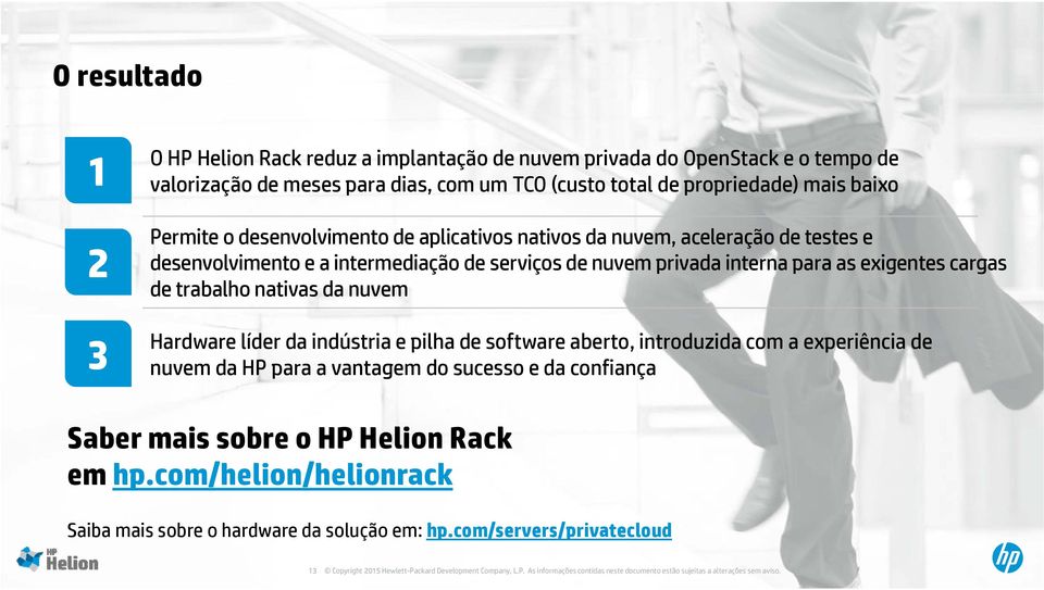 Hardware líder da indústria e pilha de software aberto, introduzida com a experiência de nuvem da HP para a vantagem do sucesso e da confiança Saber mais sobre o HP Helion Rack em hp.