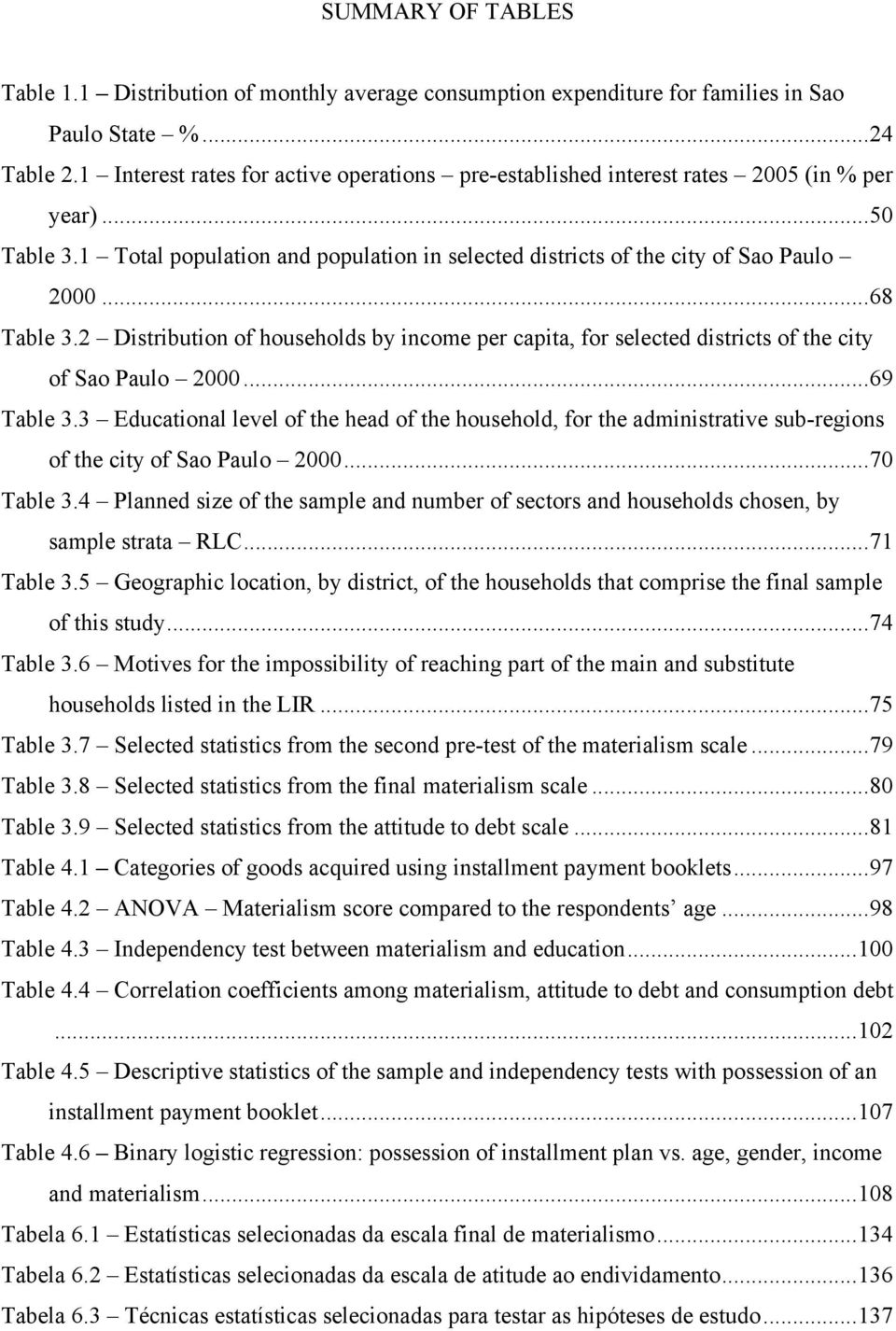 ..68 Table 3.2 Distribution of households by income per capita, for selected districts of the city of Sao Paulo 2000...69 Table 3.