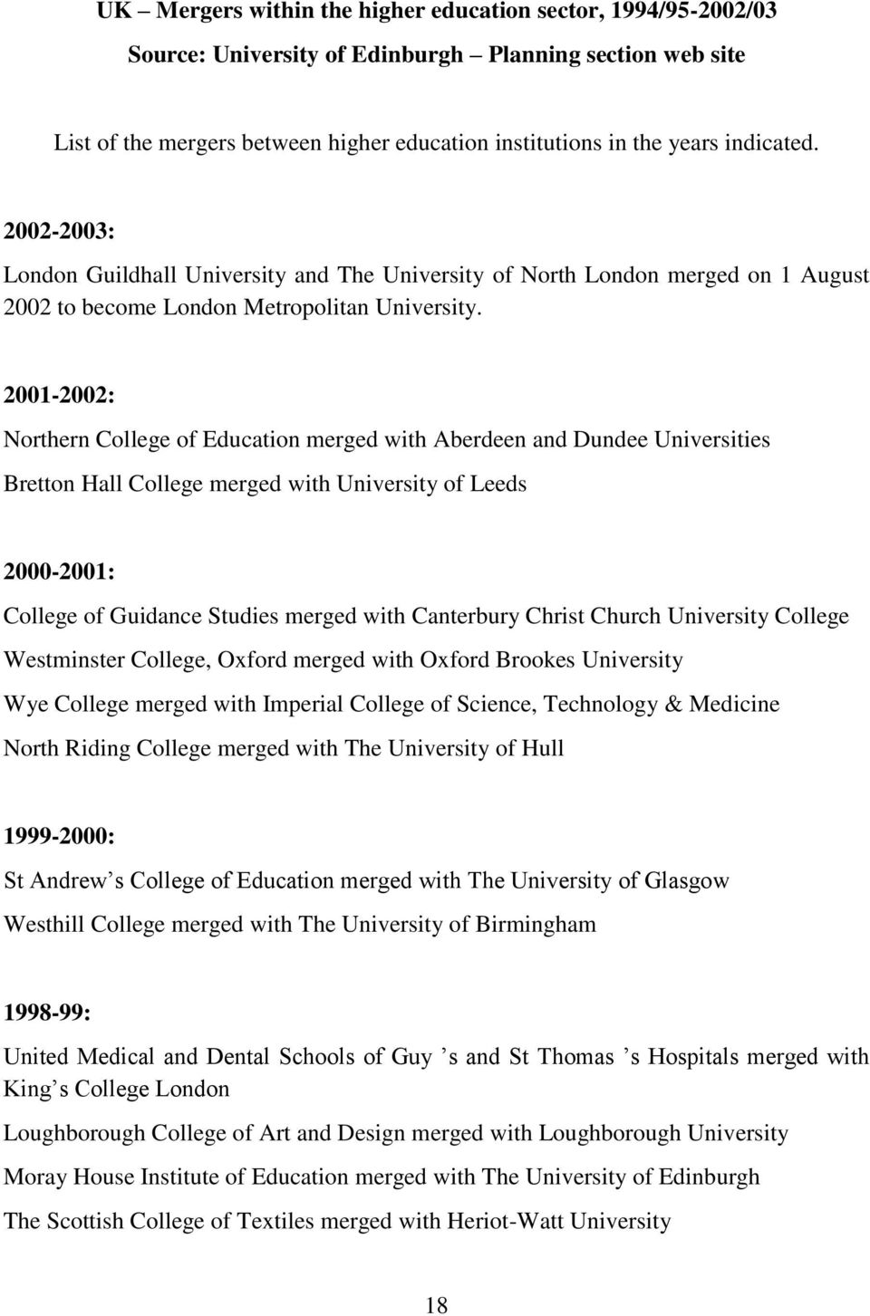 2001-2002: Northern College of Education merged with Aberdeen and Dundee Universities Bretton Hall College merged with University of Leeds 2000-2001: College of Guidance Studies merged with