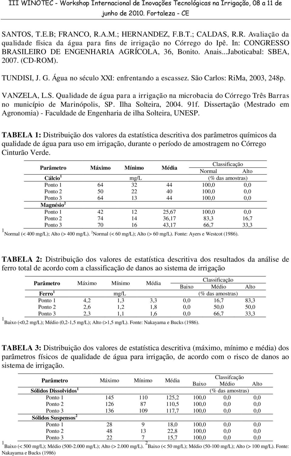 VANZELA, L.S. Qualidade de água para a irrigação na microbacia do Córrego Três Barras no município de Marinópolis, SP. Ilha Solteira, 2004. 91f.