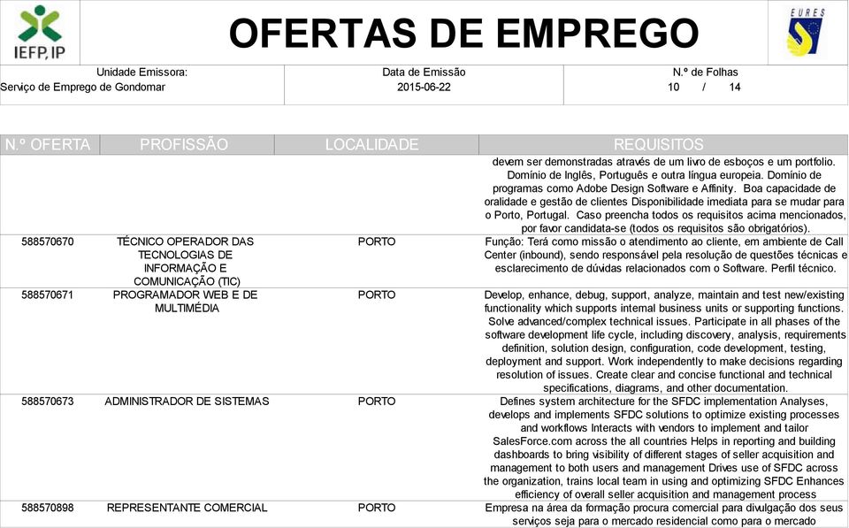 Boa capacidade de oralidade e gestão de clientes Disponibilidade imediata para se mudar para o Porto, Portugal.