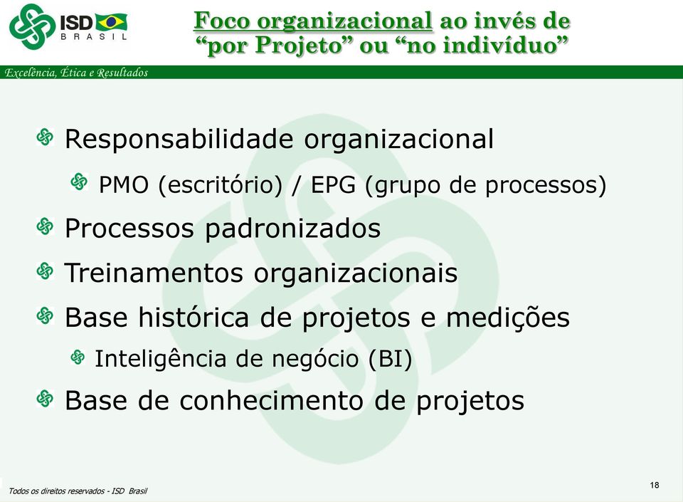 processos) Processos padronizados Treinamentos organizacionais Base