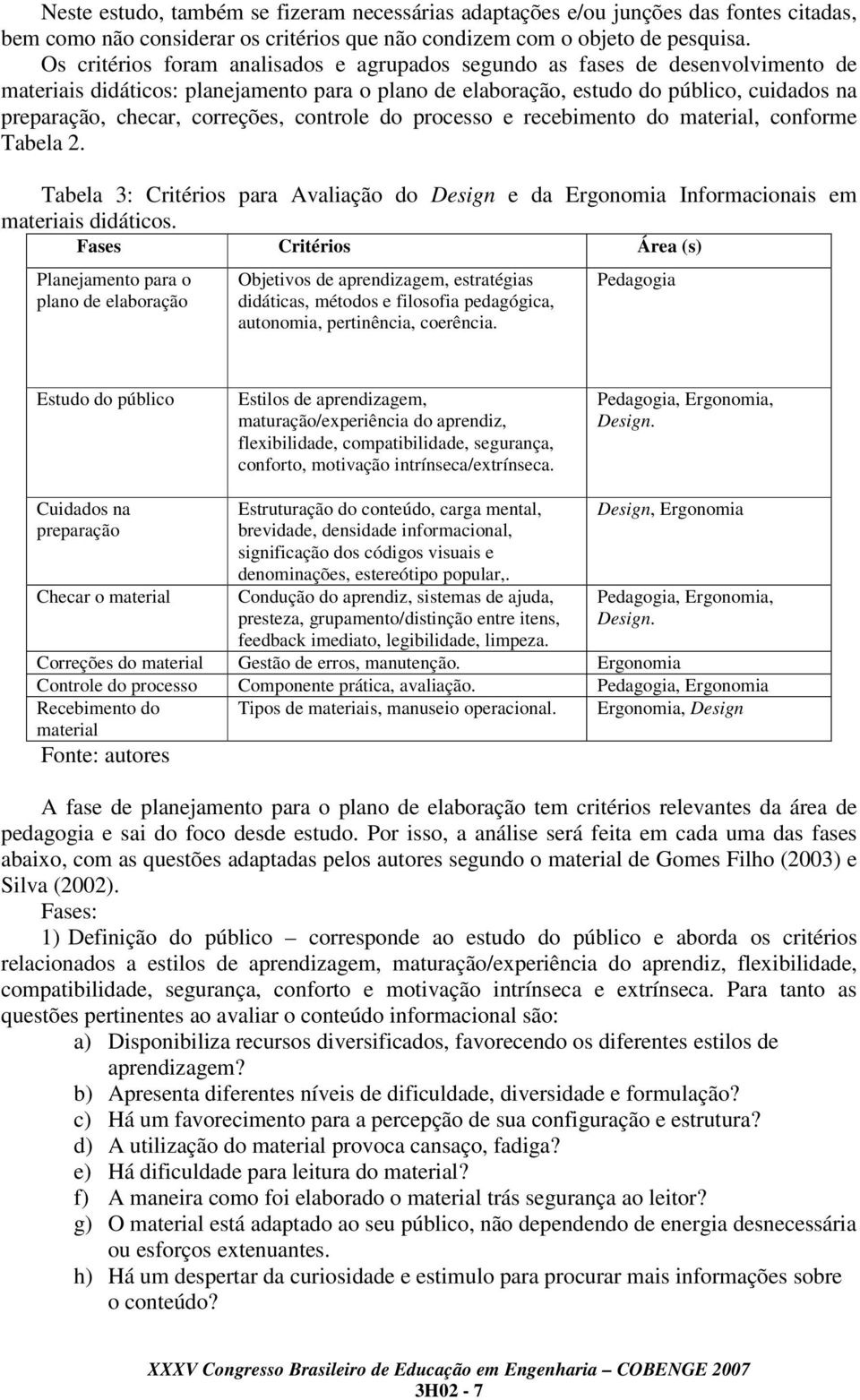 correções, controle do processo e recebimento do material, conforme Tabela 2. Tabela 3: Critérios para Avaliação do Design e da Ergonomia Informacionais em materiais didáticos.