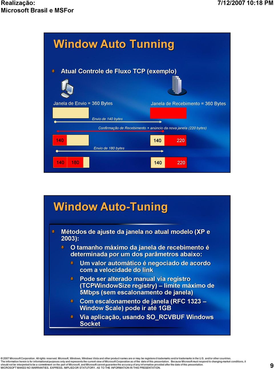 parâmetros abaixo: Um valor automático é negociado de acordo com a velocidade do link Pode ser alterado manual via registro (TCPWindowSize registry) limite máximo de 5Mbps (sem escalonamento de