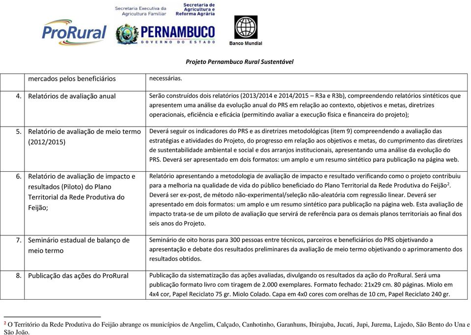 ao contexto, objetivos e metas, diretrizes operacionais, eficiência e eficácia (permitindo avaliar a execução física e financeira do projeto); 5. Relatório de avaliação de meio termo (2012/2015) 6.