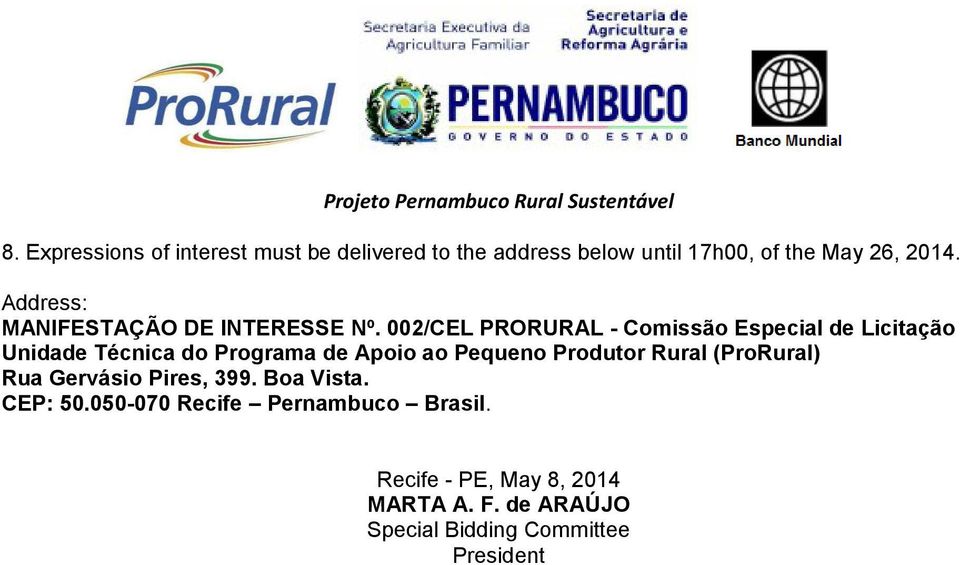 002/CEL PRORURAL - Comissão Especial de Licitação Unidade Técnica do Programa de Apoio ao Pequeno