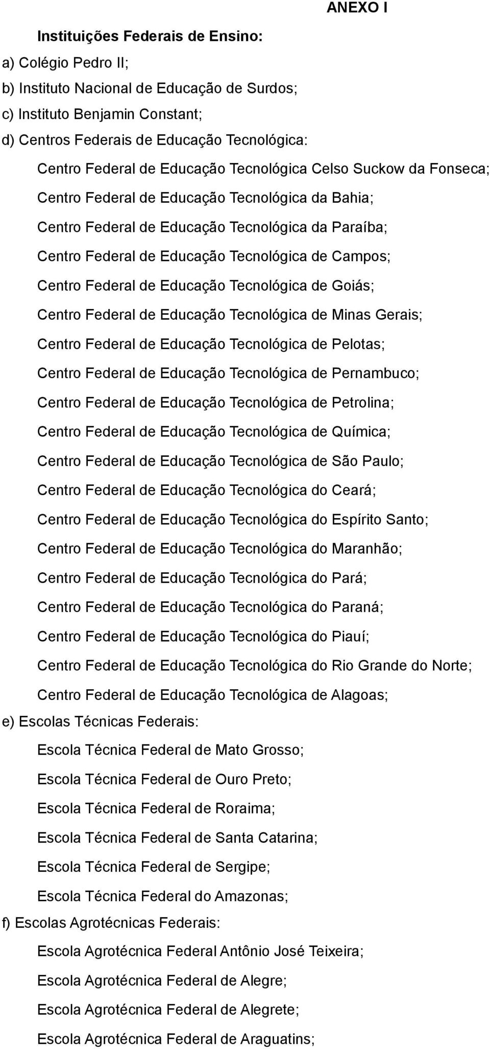 Centro Federal de Educação Tecnológica de Goiás; Centro Federal de Educação Tecnológica de Minas Gerais; Centro Federal de Educação Tecnológica de Pelotas; Centro Federal de Educação Tecnológica de