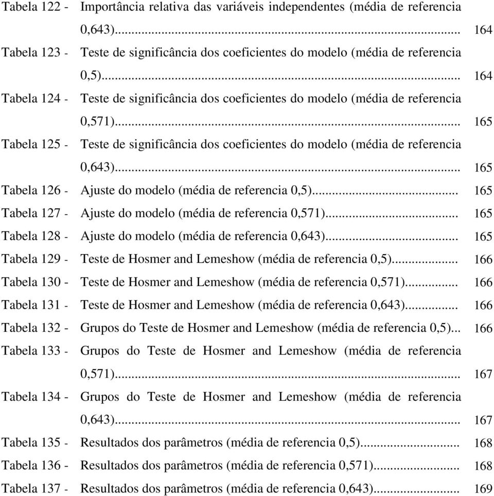 .. 165 Tabela 126 - Ajuste do modelo (média de referencia 0,5)... 165 Tabela 127 - Ajuste do modelo (média de referencia 0,571)... 165 Tabela 128 - Ajuste do modelo (média de referencia 0,643).