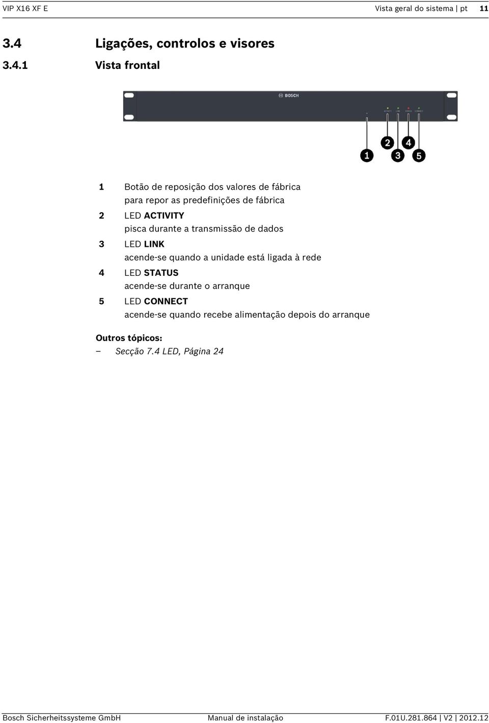 1 Vista frontal 1 Botão de reposição dos valores de fábrica para repor as predefinições de fábrica 2 LED ACTIVITY pisca durante