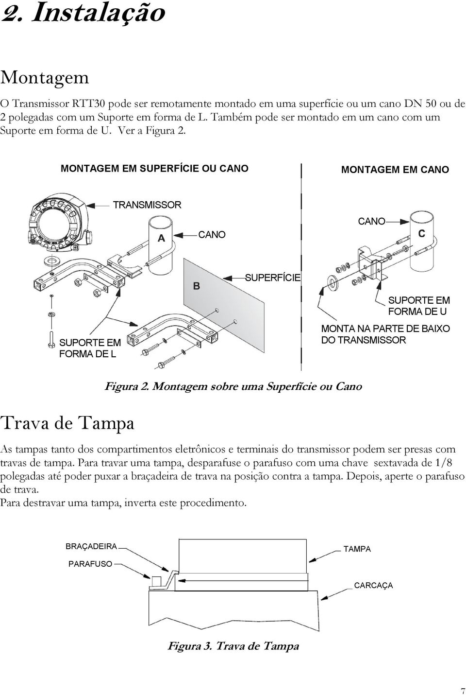 MONTAGEM EM SUPERFÍCIE OU CANO MONTAGEM EM CANO TRANSMISSOR CANO CANO SUPERFÍCIE SUPORTE EM FORMA DE L SUPORTE EM FORMA DE U MONTA NA PARTE DE BAIXO DO TRANSMISSOR Trava de Tampa Figura 2.