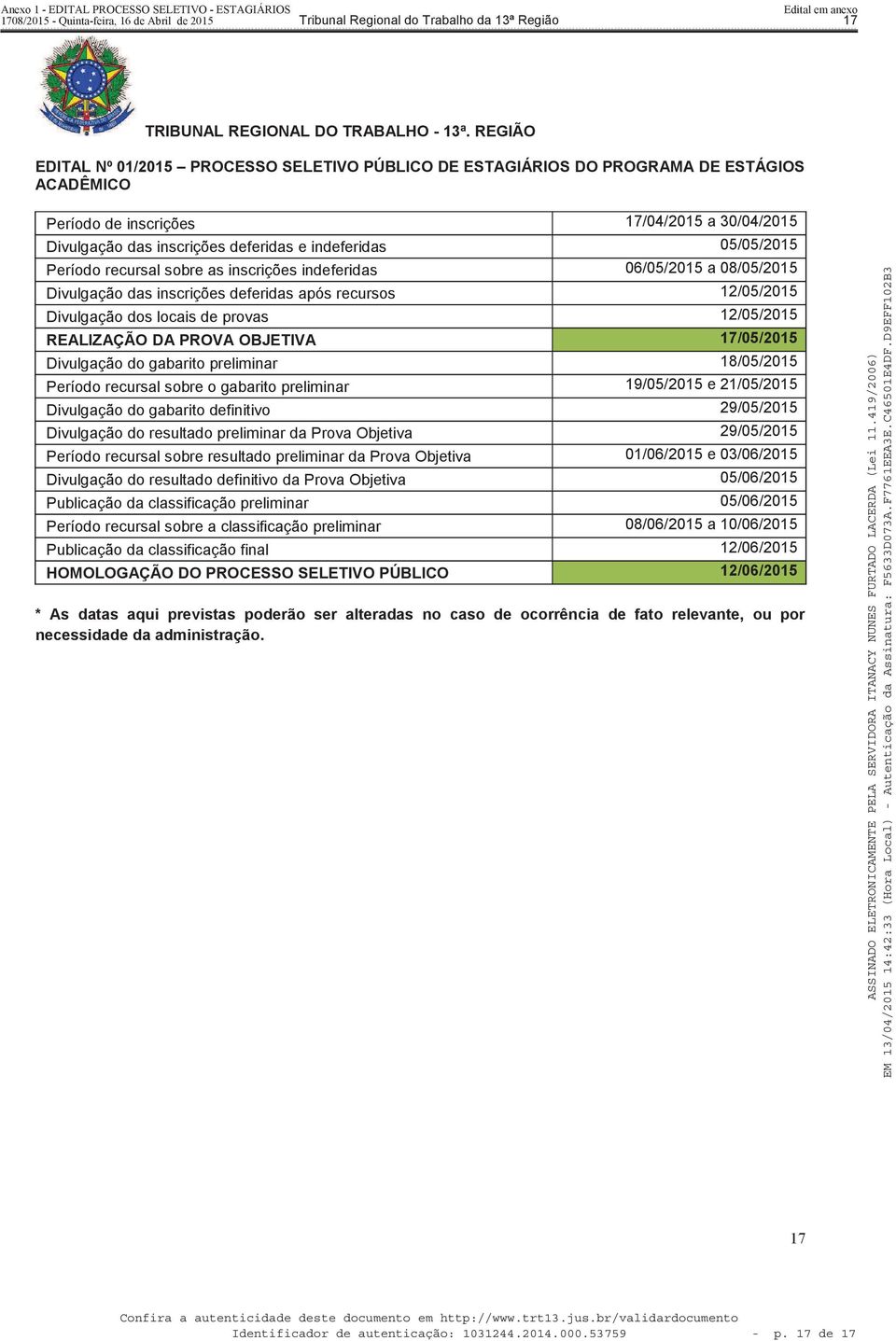 OBJETIVA 17/05/2015 Divulgação do gabarito preliminar 18/05/2015 Período recursal sobre o gabarito preliminar 19/05/2015 e 21/05/2015 Divulgação do gabarito definitivo 29/05/2015 Divulgação do