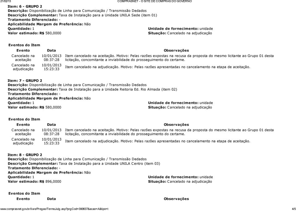 Item: 7 - GRUPO 2 Descrição Complementar: Taxa de Instalação para a Unidade Reitoria Ed. Rio Almada (item 02) Item cancelado na.