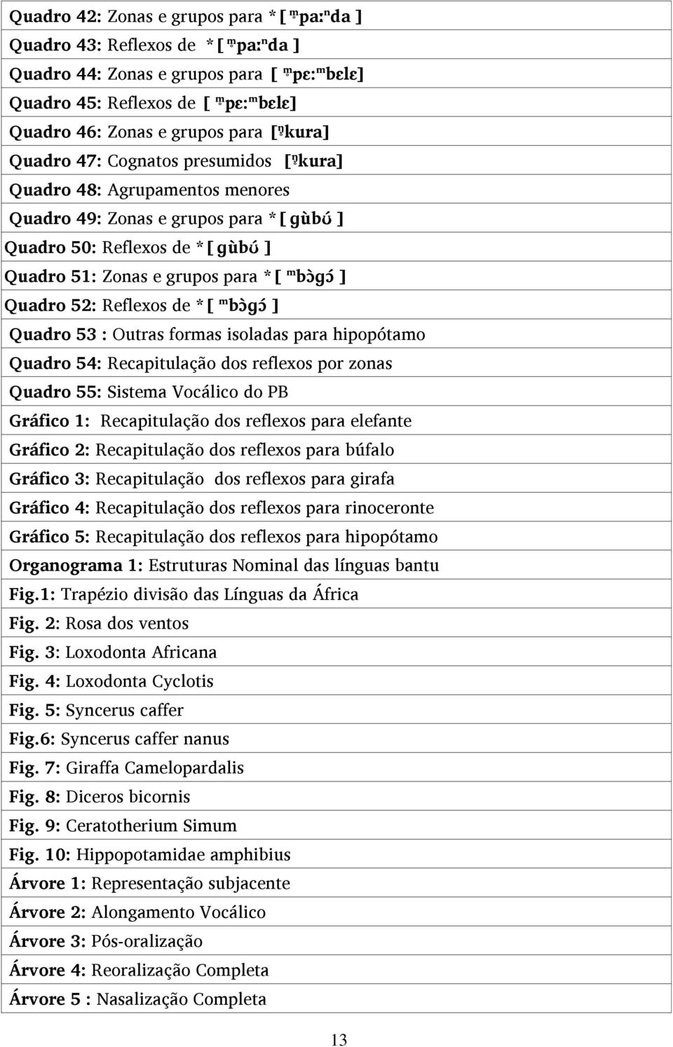 ] Quadro 52: Reflexos de *[ m bɔ ɡɔ ] Quadro 53 : Outras formas isoladas para hipopótamo Quadro 54: Recapitulação dos reflexos por zonas Quadro 55: Sistema Vocálico do PB Gráfico 1: Recapitulação dos