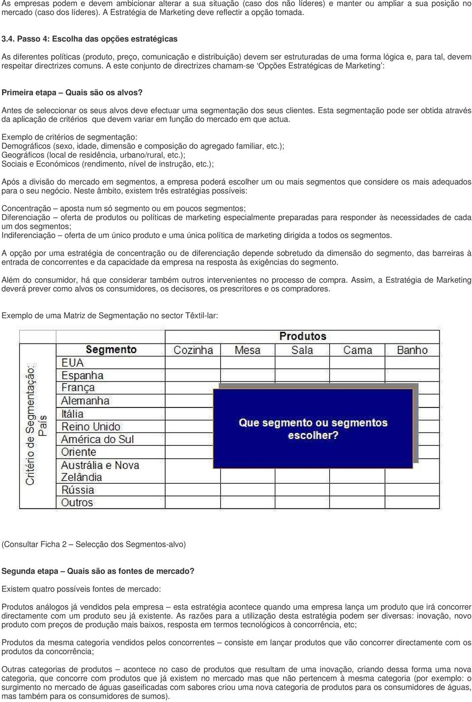 Passo 4: Escolha das opções estratégicas As diferentes políticas (produto, preço, comunicação e distribuição) devem ser estruturadas de uma forma lógica e, para tal, devem respeitar directrizes