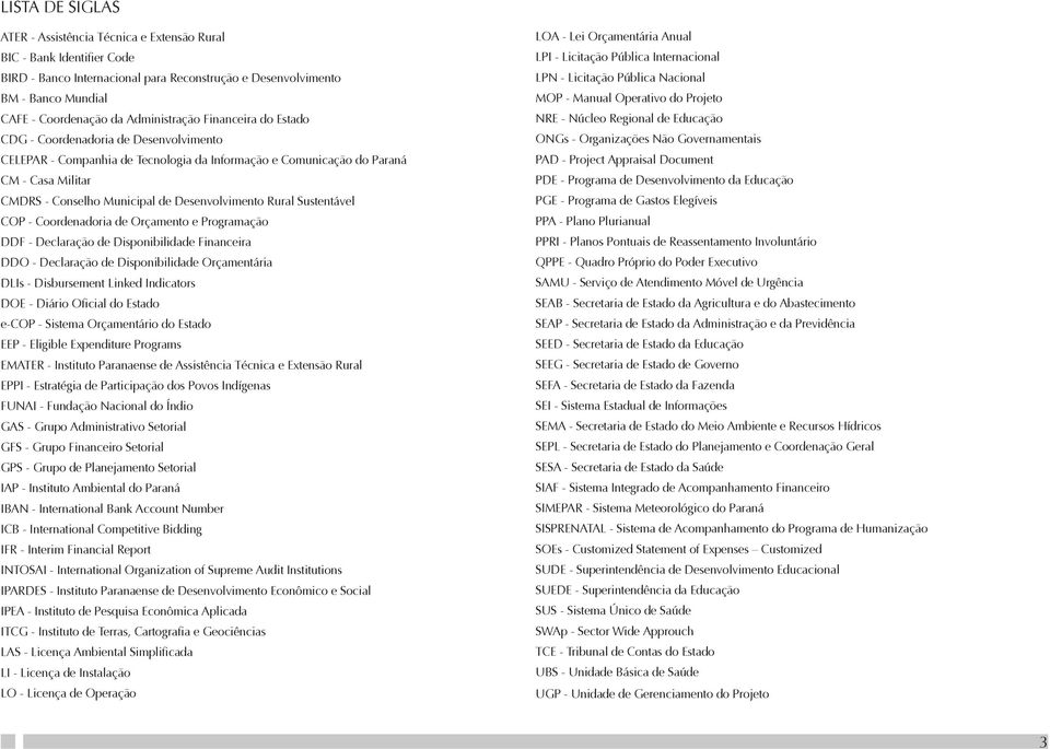 Desenvolvimento Rural Sustentável COP - Coordenadoria de Orçamento e Programação DDF - Declaração de Disponibilidade Financeira DDO - Declaração de Disponibilidade Orçamentária DLIs - Disbursement