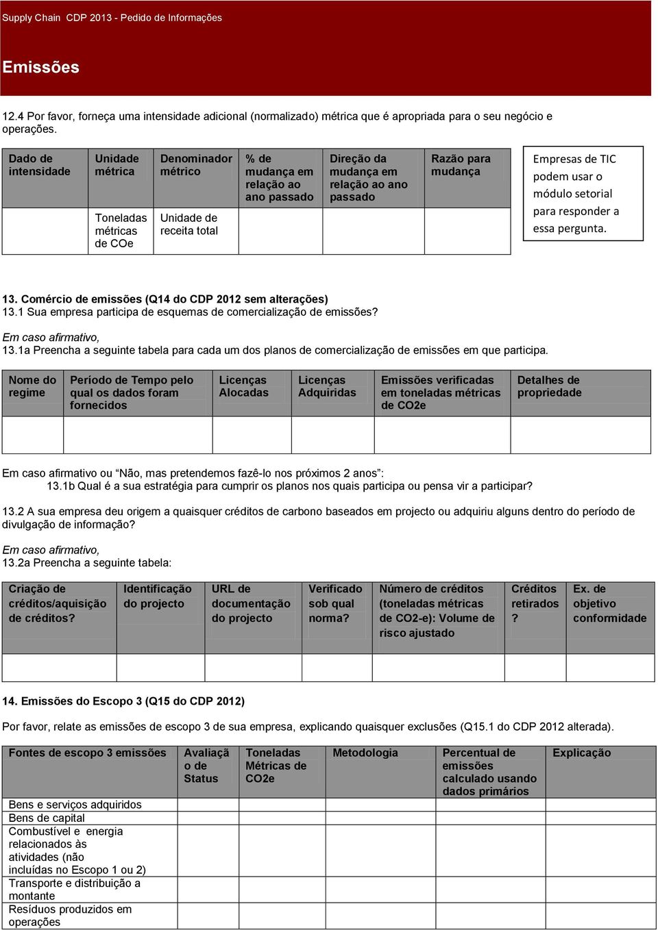 para mudança Empresas de TIC podem usar o módulo setorial para responder a essa pergunta. 13. Comércio de emissões (Q14 do CDP 2012 sem alterações) 13.