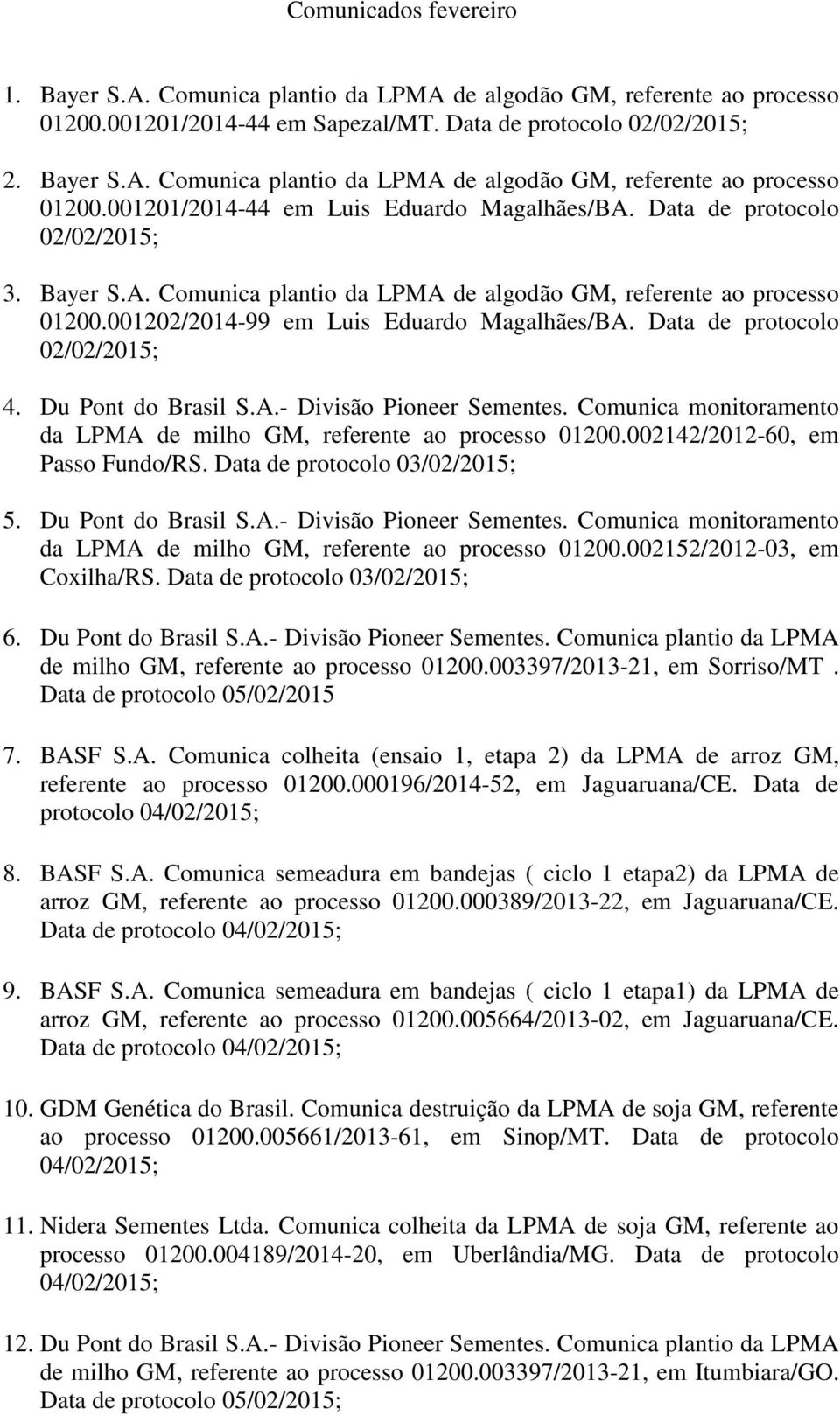 Du Pont do Brasil S.A.- Divisão Pioneer Sementes. Comunica monitoramento da LPMA de milho GM, referente ao processo 01200.002142/2012-60, em Passo Fundo/RS. Data de protocolo 03/02/2015; 5.
