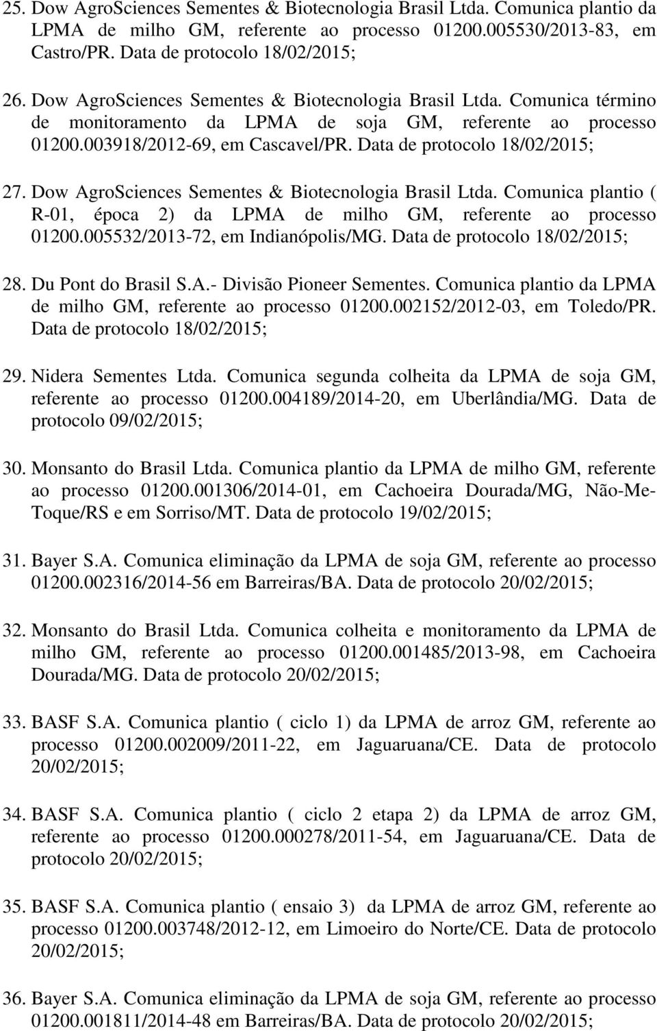 Data de protocolo 18/02/2015; 27. Dow AgroSciences Sementes & Biotecnologia Brasil Ltda. Comunica plantio ( R-01, época 2) da LPMA de milho GM, referente ao processo 01200.