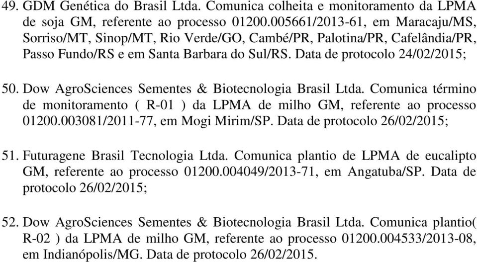 Dow AgroSciences Sementes & Biotecnologia Brasil Ltda. Comunica término de monitoramento ( R-01 ) da LPMA de milho GM, referente ao processo 01200.003081/2011-77, em Mogi Mirim/SP.