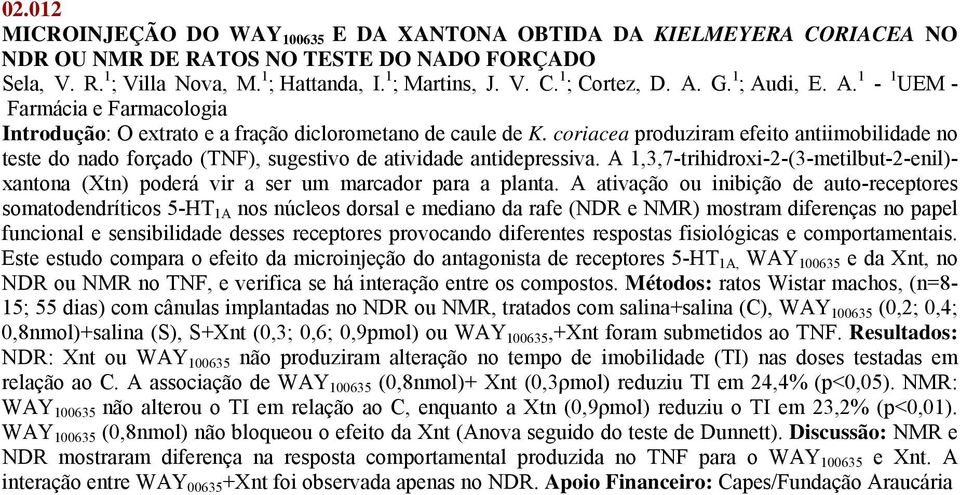 coriacea produziram efeito antiimobilidade no teste do nado forçado (TNF), sugestivo de atividade antidepressiva.