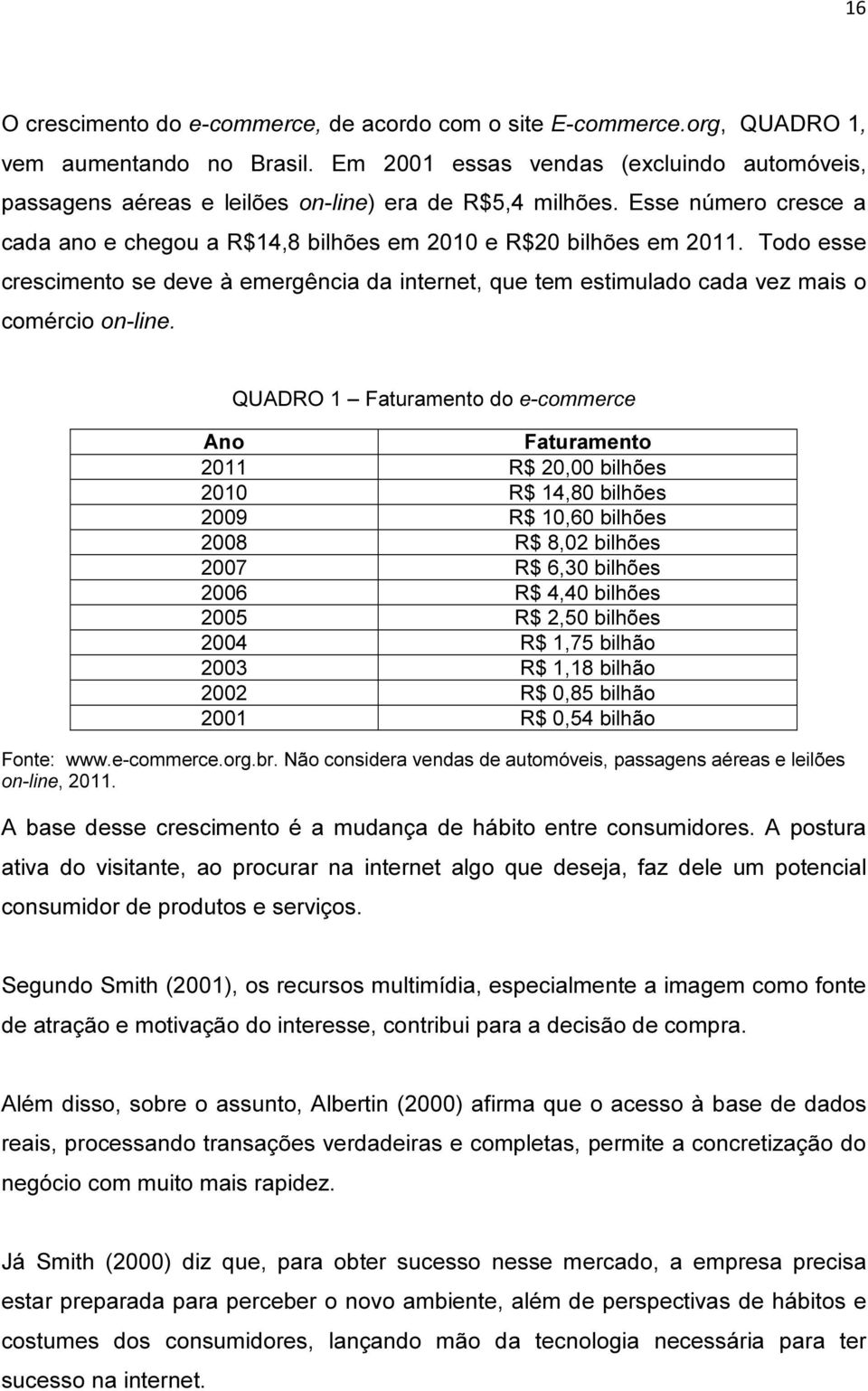 Todo esse crescimento se deve à emergência da internet, que tem estimulado cada vez mais o comércio on-line. QUADRO 1 Faturamento do e-commerce Fonte: www.e-commerce.org.br.