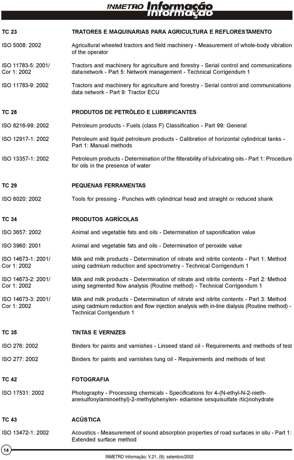 and machinery for agriculture and forestry - Serial control and communications data network - Part 9: Tractor ECU TC 28 ISO 8216-99: 2002 PRODUTOS DE PETRÓLEO E LUBRIFICANTES Petroleum products -