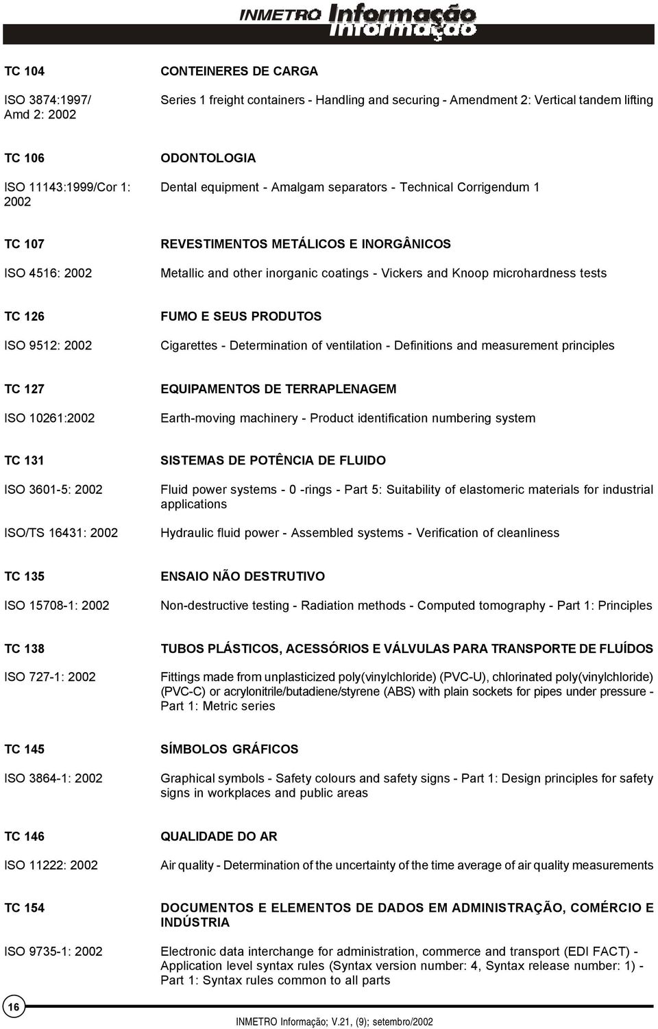 TC 126 ISO 9512: 2002 FUMO E SEUS PRODUTOS Cigarettes - Determination of ventilation - Definitions and measurement principles TC 127 ISO 10261:2002 EQUIPAMENTOS DE TERRAPLENAGEM Earth-moving