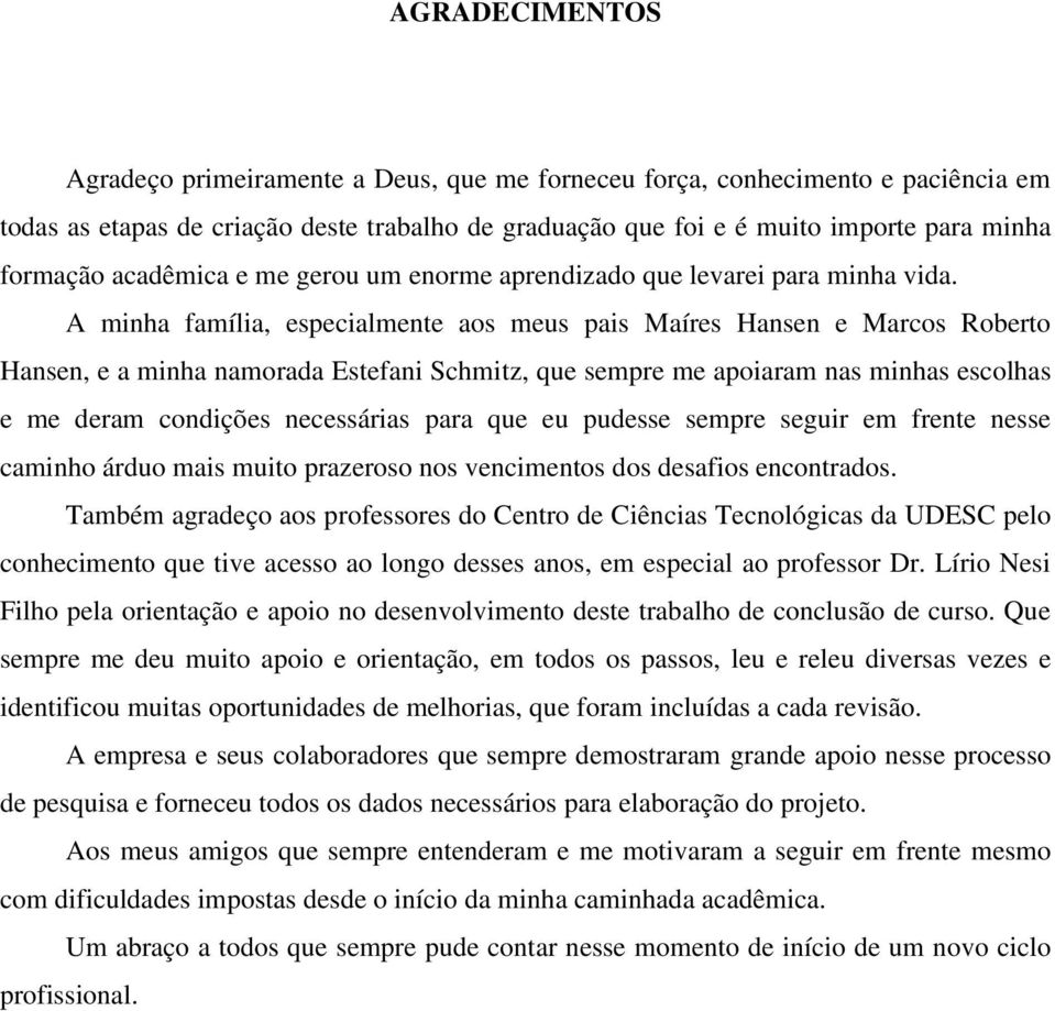 A minha família, especialmente aos meus pais Maíres Hansen e Marcos Roberto Hansen, e a minha namorada Estefani Schmitz, que sempre me apoiaram nas minhas escolhas e me deram condições necessárias