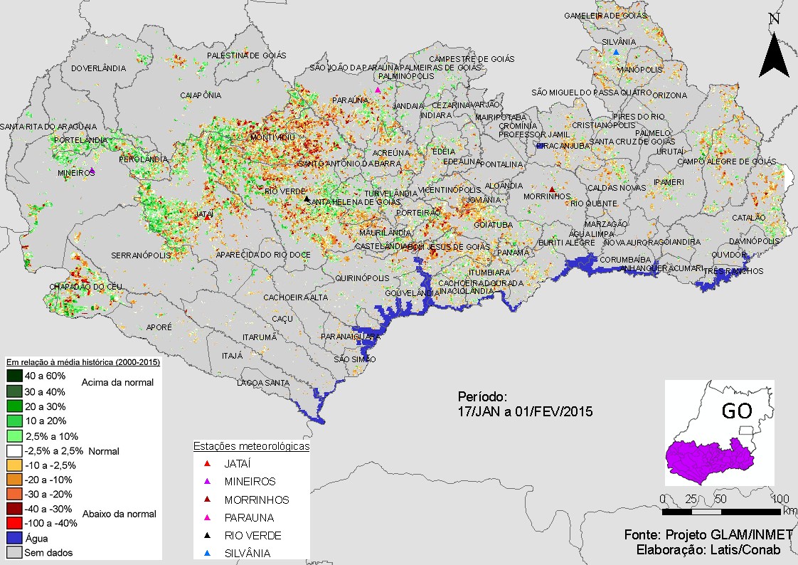 9.4.4. Sul Goiano Figura 8 Mapa de anomalia do IV das lavouras de grãos, em relação à média histórica O predomínio das cores amarelo e marrom no mapa acima mostra respostas de IV inferior à média