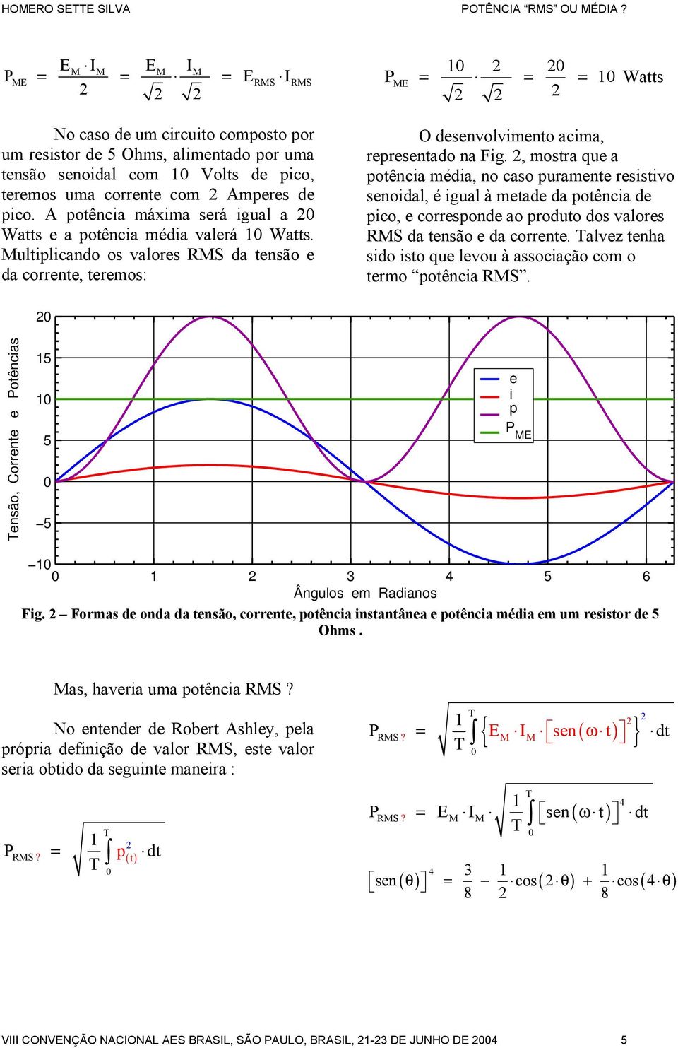 , mosra que a poência média, no caso puramene resisivo senoidal, é igual à meade da poência de pico, e corresponde ao produo dos valores RS da ensão e da correne.