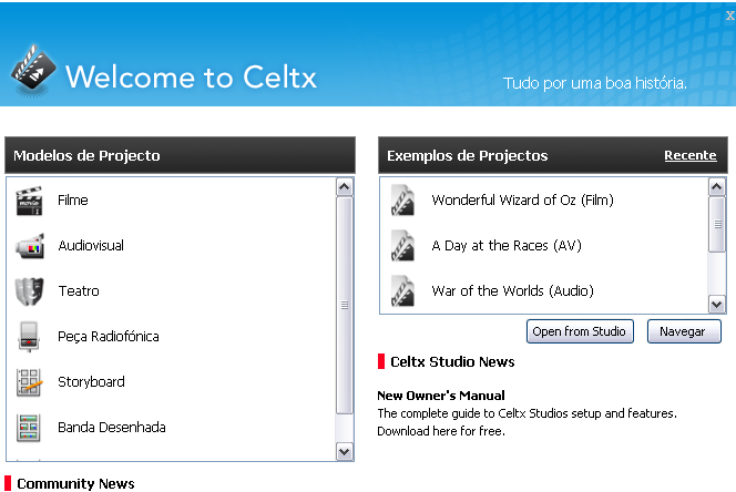 com Para se fazer o download do programa devemos carregar no botão Baixar (fig.1). Figura 1. Página inicial do Celtx 2.