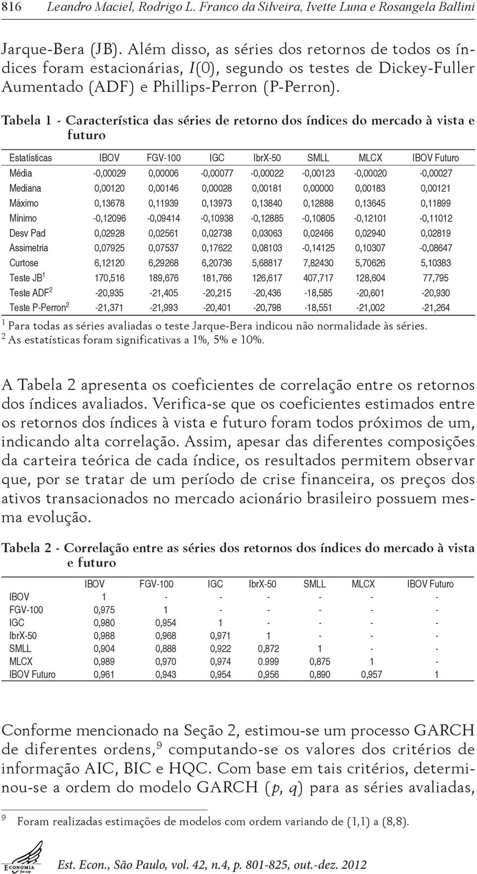 Tabela 1 - Característica das séries de retorno dos índices do mercado à vista e futuro Estatísticas IBOV FGV-100 IGC IbrX-50 SMLL MLCX IBOV Futuro Média -0,00029
