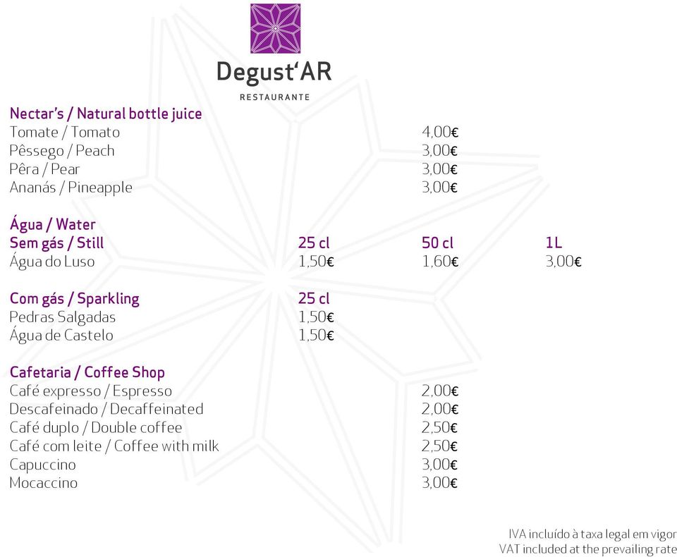 Pedras Salgadas 1,50 Água de Castelo 1,50 Cafetaria / Coffee Shop Café expresso / Espresso 2,00 Descafeinado