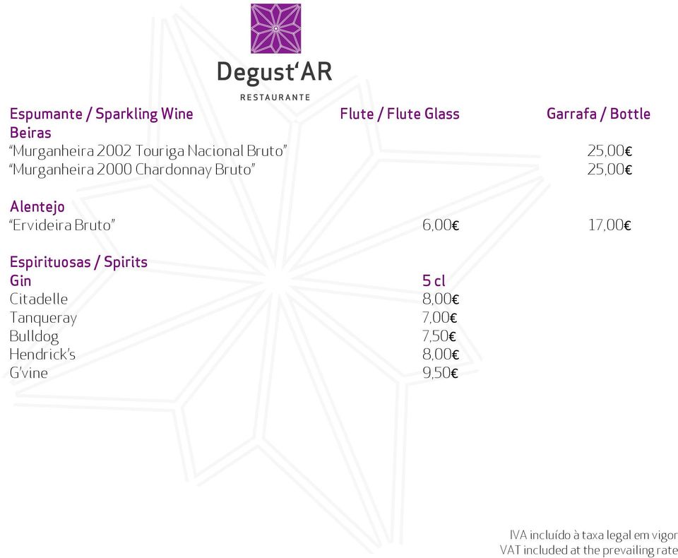 Chardonnay Bruto 25,00 Alentejo Ervideira Bruto 6,00 17,00 Espirituosas