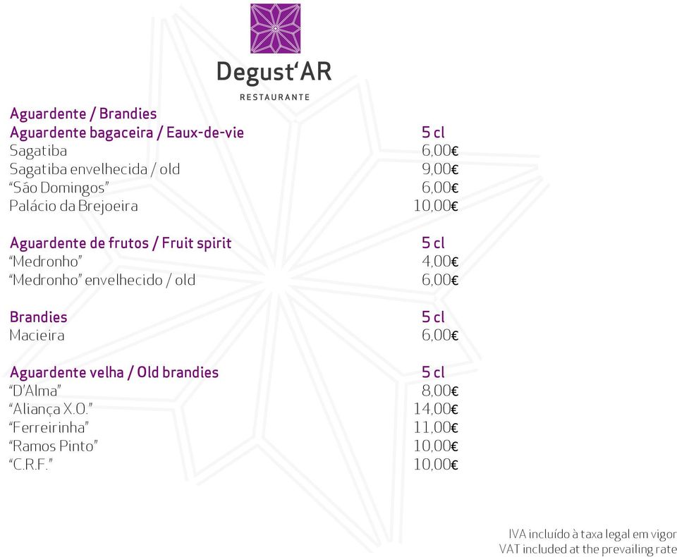 Fruit spirit Medronho 4,00 Medronho envelhecido / old 6,00 Brandies Macieira 6,00