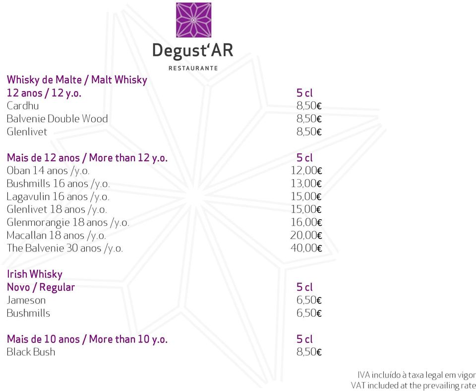 o. 12,00 Bushmills 16 anos /y.o. 13,00 Lagavulin 16 anos /y.o. 15,00 Glenlivet 18 anos /y.o. 15,00 Glenmorangie 18 anos /y.