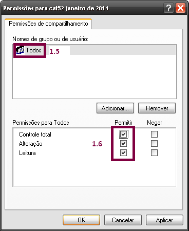 1.5 Dentro da tela de Permissões, escolhemos o nome ou grupo de usuários com quem queremos compartilhar a pasta com os arquivos, neste exemplo eu selecionei o grupo Todos, para que todos da rede