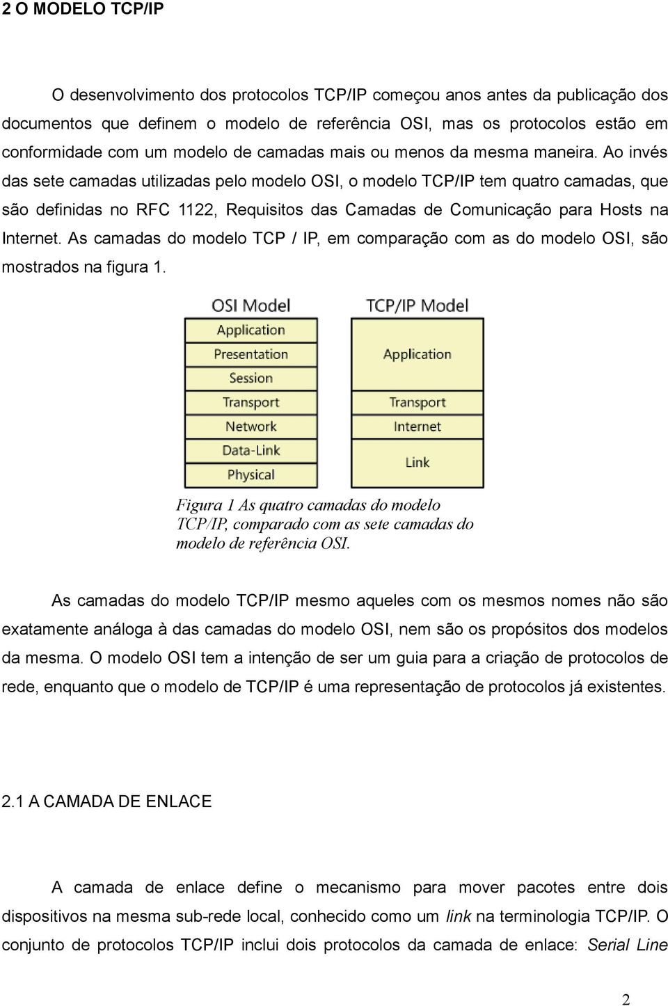 Ao invés das sete camadas utilizadas pelo modelo OSI, o modelo TCP/IP tem quatro camadas, que são definidas no RFC 1122, Requisitos das Camadas de Comunicação para Hosts na Internet.