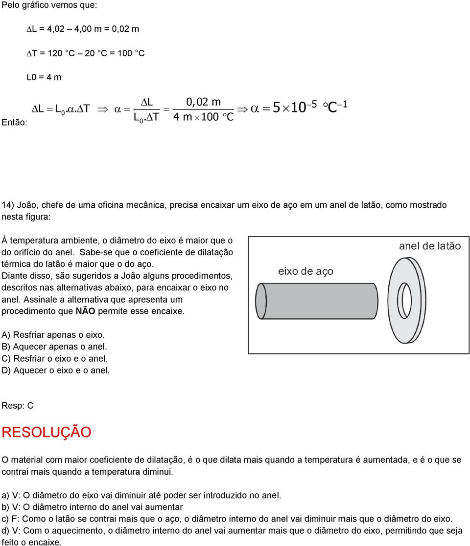 orifício do anel. Sabe-se que o coeficiente de dilatação térmica do latão é maior que o do aço.