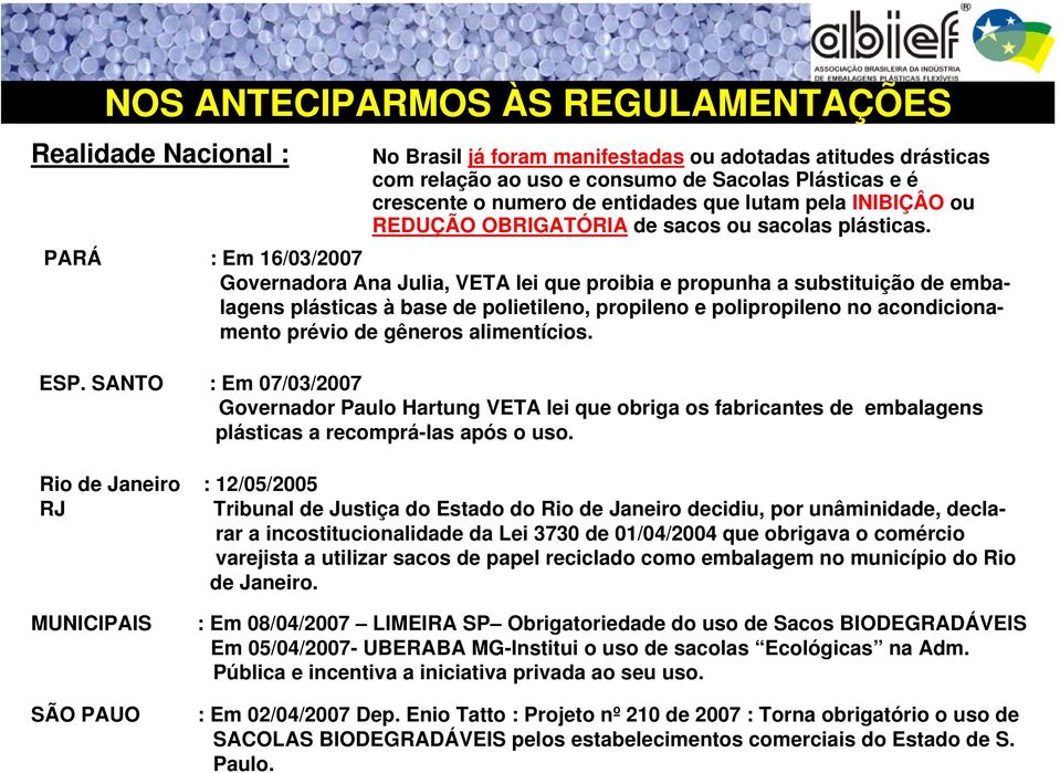 PARÁ : Em 16/03/2007 Governadora Ana Julia, VETA lei que proibia e propunha a substituição de embalagens plásticas à base de polietileno, propileno e polipropileno no acondicionamento prévio de