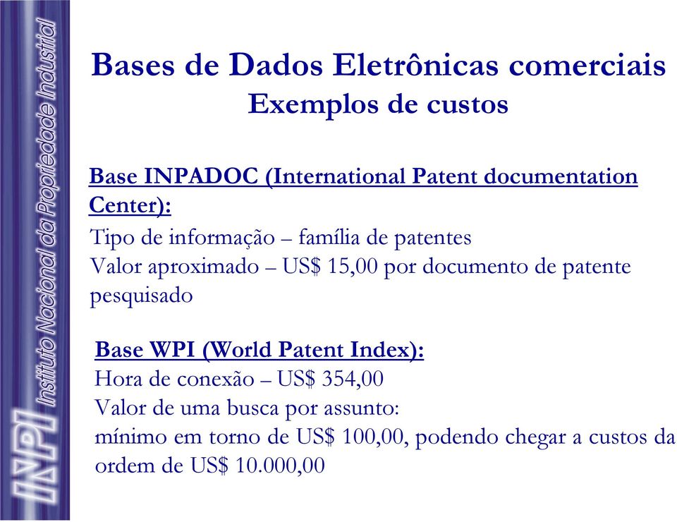 documento de patente pesquisado Base WPI (World Patent Index): Hora de conexão US$ 354,00 Valor