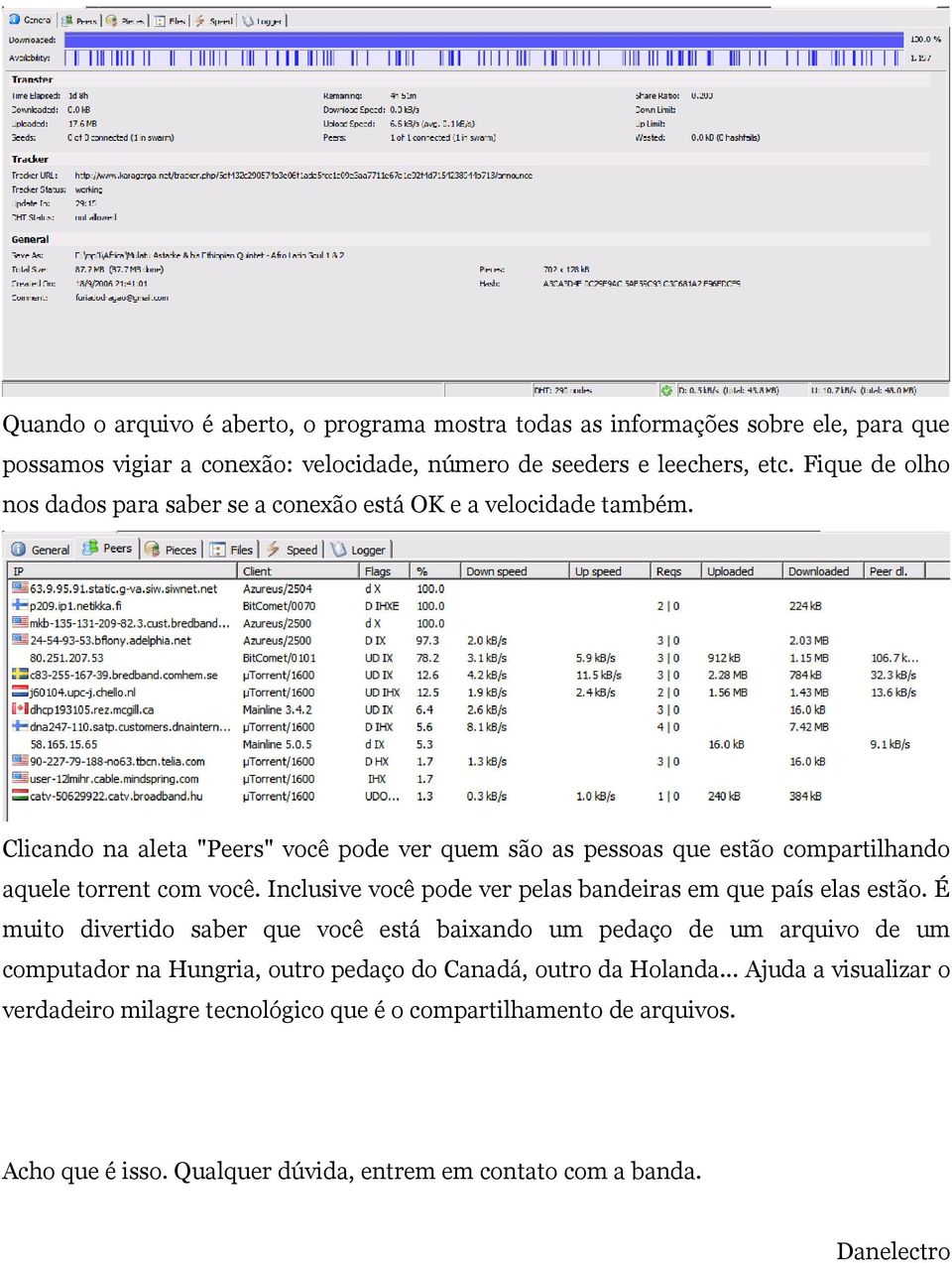 Clicando na aleta "Peers" você pode ver quem são as pessoas que estão compartilhando aquele torrent com você. Inclusive você pode ver pelas bandeiras em que país elas estão.