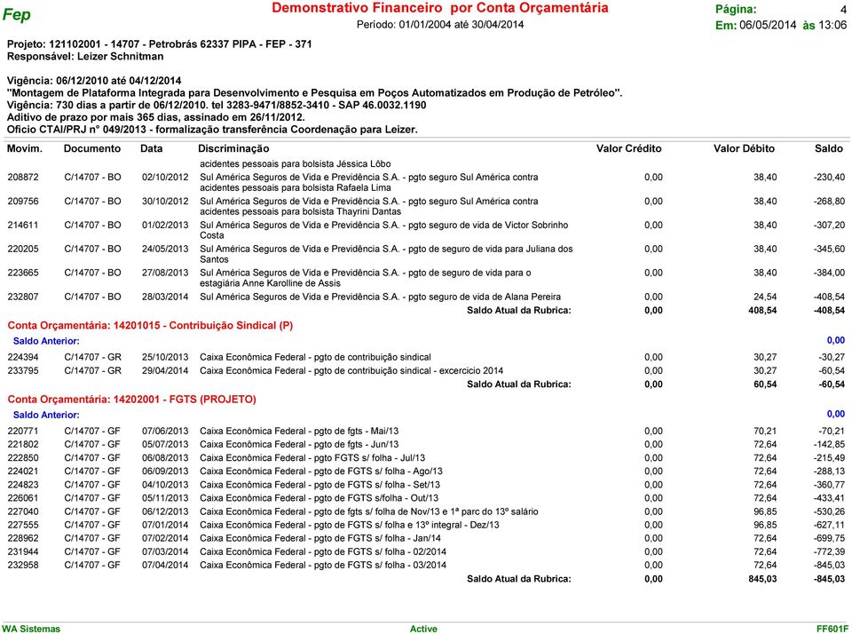 A. - pgto seguro de vida de Victor Sobrinho Costa C/14707 - BO 24/05/2013 Sul América Seguros de Vida e Previdência S.A. - pgto de seguro de vida para Juliana dos Santos C/14707 - BO 27/08/2013 Sul América Seguros de Vida e Previdência S.