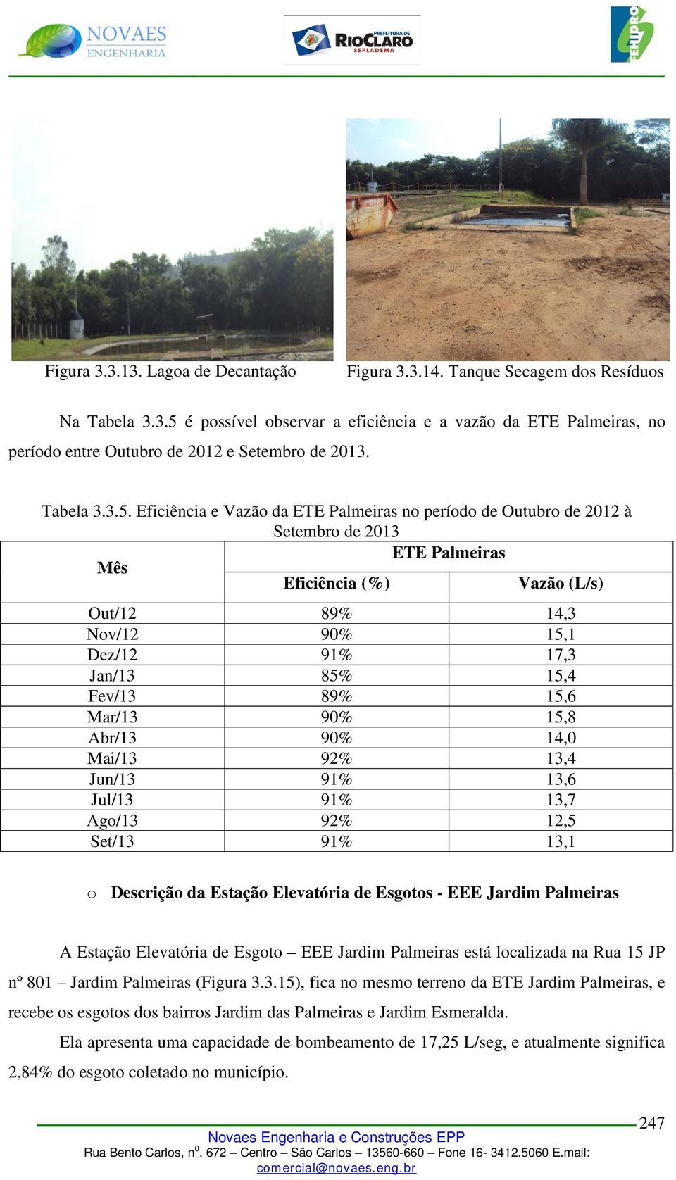 Eficiência e Vazão da ETE Palmeiras no período de Outubro de 2012 à Setembro de 2013 ETE Palmeiras Mês Eficiência (%) Vazão (L/s) Out/12 89% 14,3 Nov/12 90% 15,1 Dez/12 91% 17,3 Jan/13 85% 15,4