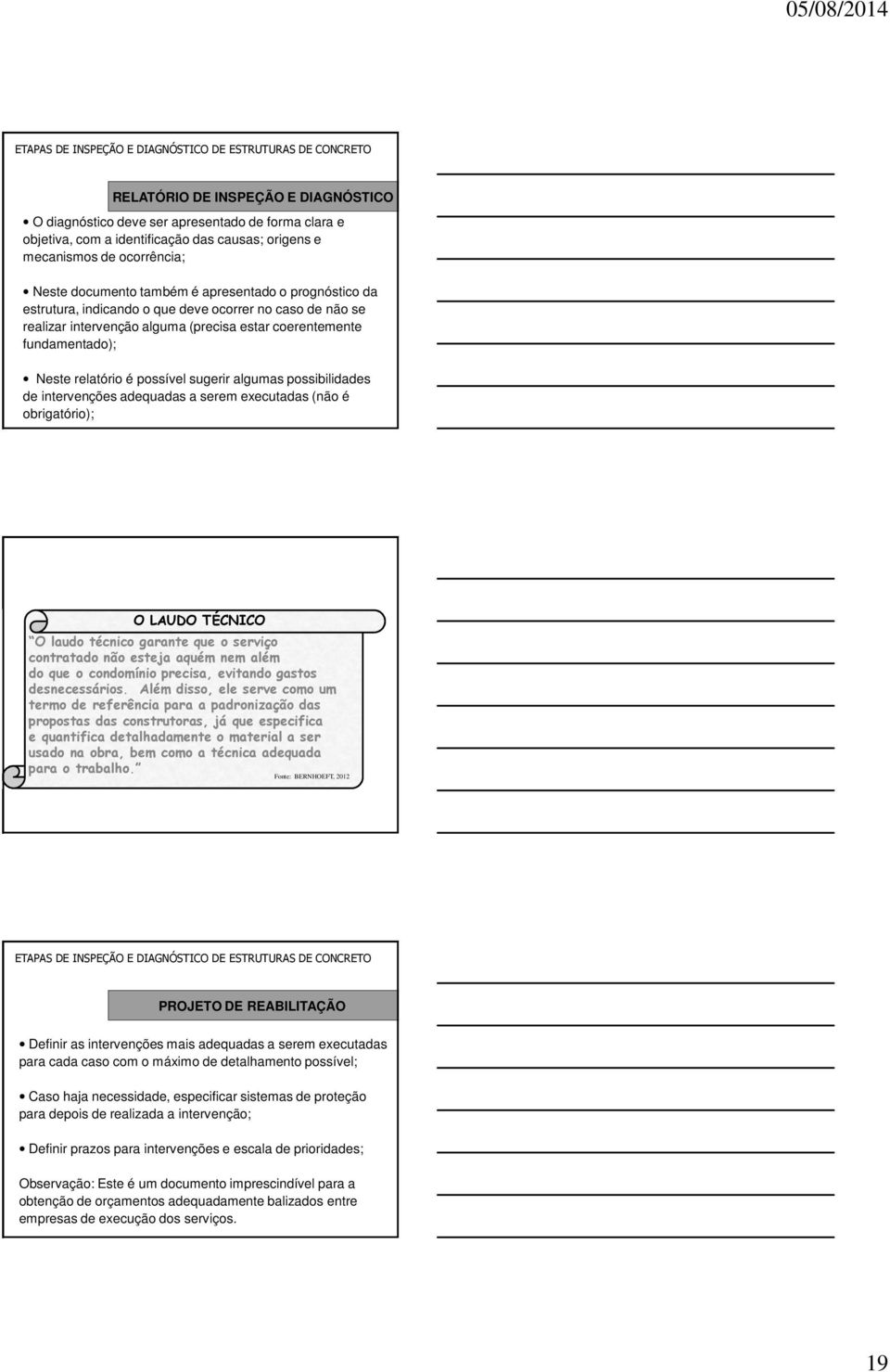 algumas possibilidades de intervenções adequadas a serem executadas (não é obrigatório); O LAUDO TÉCNICO O laudo técnico garante que o serviço contratado não esteja aquém nem além do que o condomínio