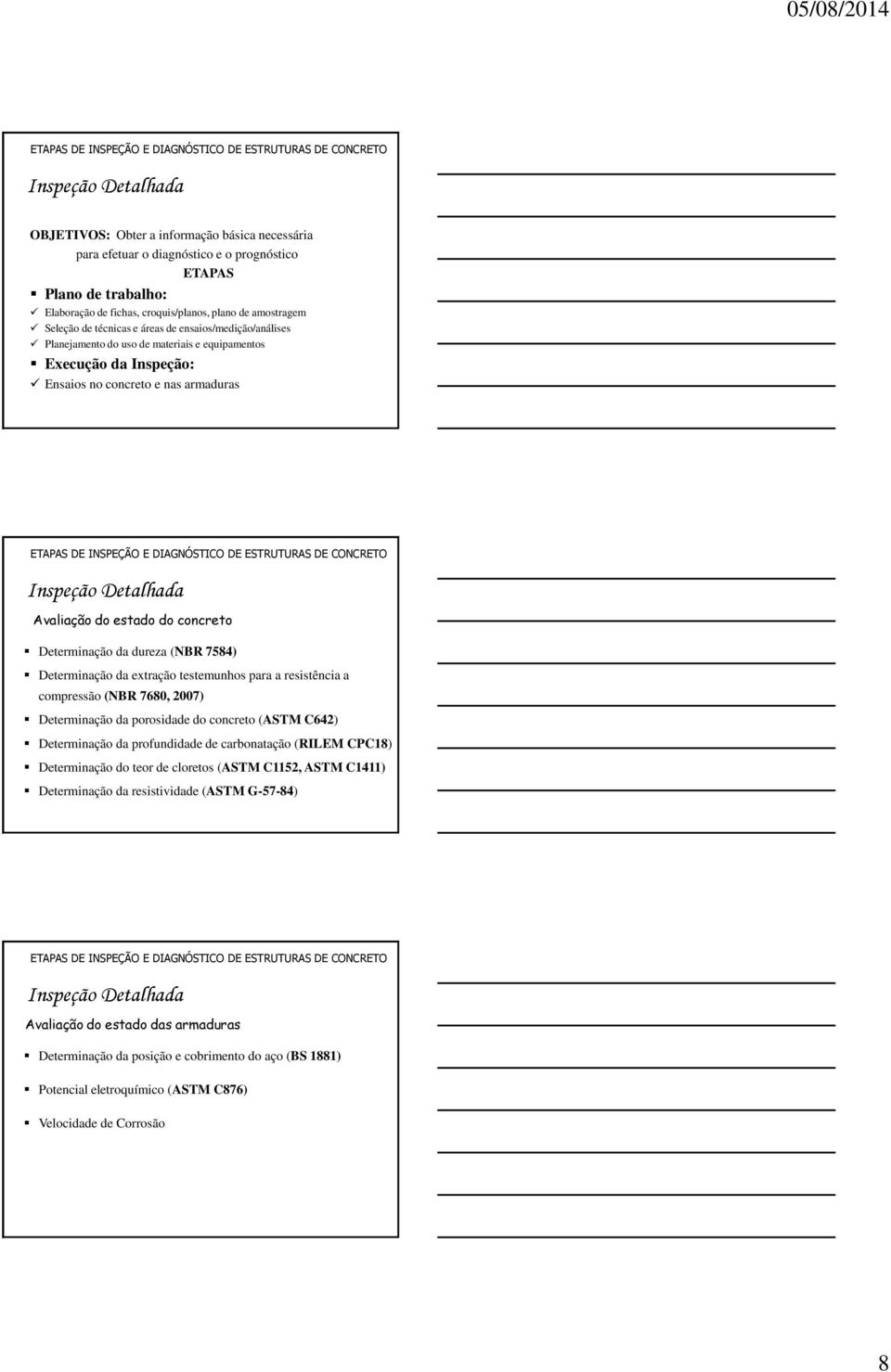 estado do concreto Determinação da dureza (NBR 7584) Determinação da extração testemunhos para a resistência a compressão (NBR 7680, 2007) Determinação da porosidade do concreto (ASTM C642)