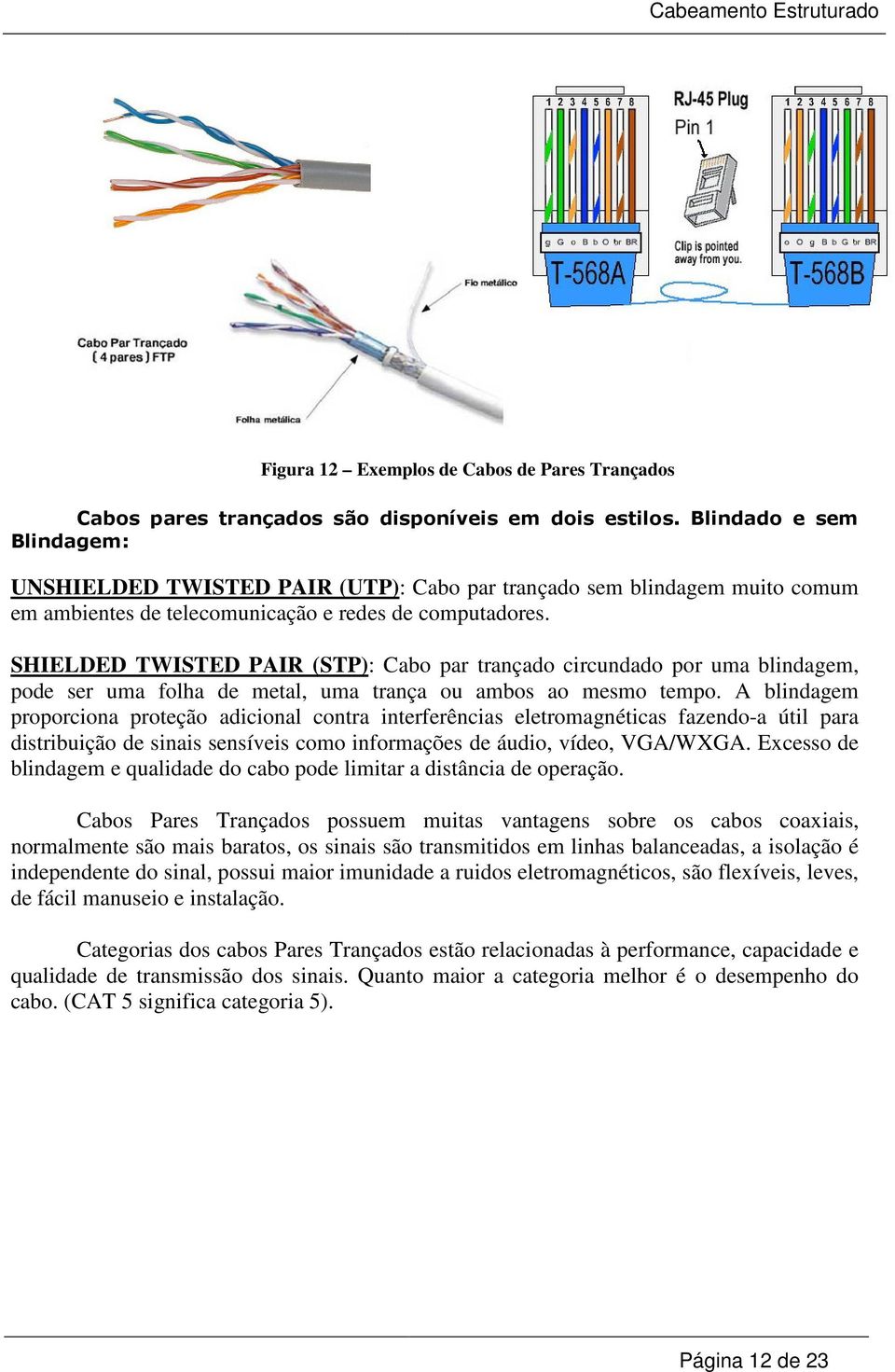 SHIELDED TWISTED PAIR (STP): Cabo par trançado circundado por uma blindagem, pode ser uma folha de metal, uma trança ou ambos ao mesmo tempo.