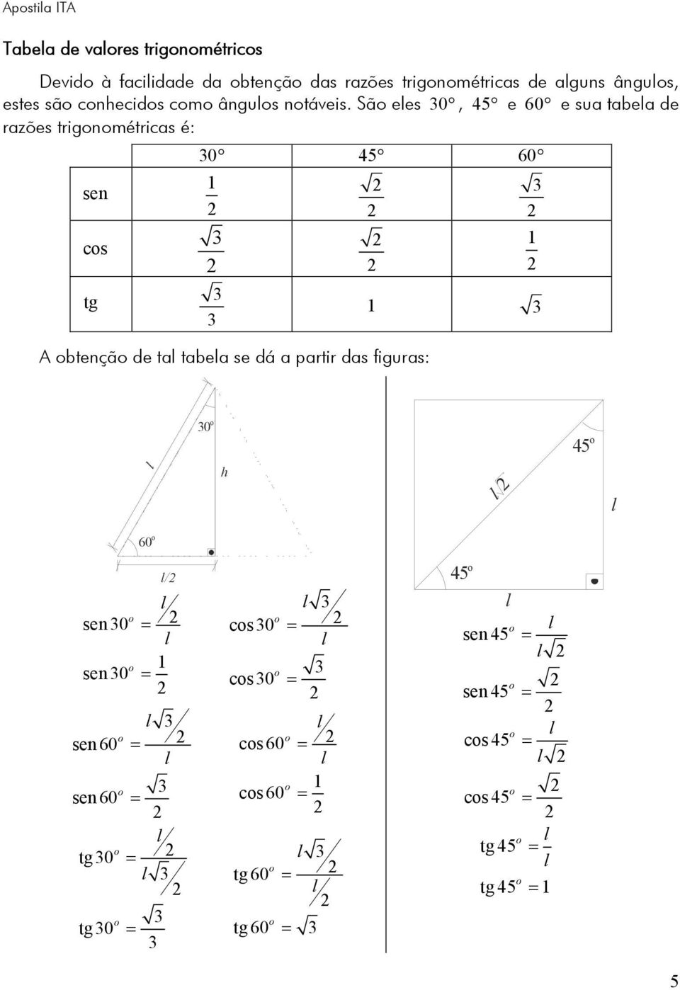 Sã eles 0, 45 e 60 e sua tabela de razões trignmétricas é: 0 45 60 sen cs tg A btençã de tal tabela se dá a partir das